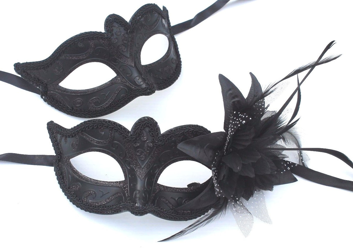 HIS N HERS PAIR COUPLES CO-ORDINATED BLACK VENETIAN MASQUERADE PARTY EYE MASKS
