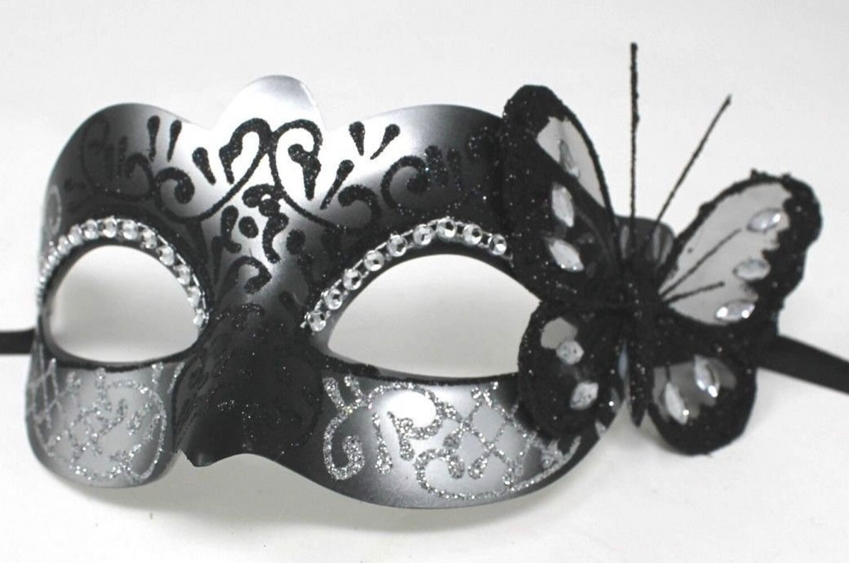 BLACK SILVER VENETIAN MASQUERADE PARTY CARNIVAL BALL PROM EYE MASK & BUTTERFLY