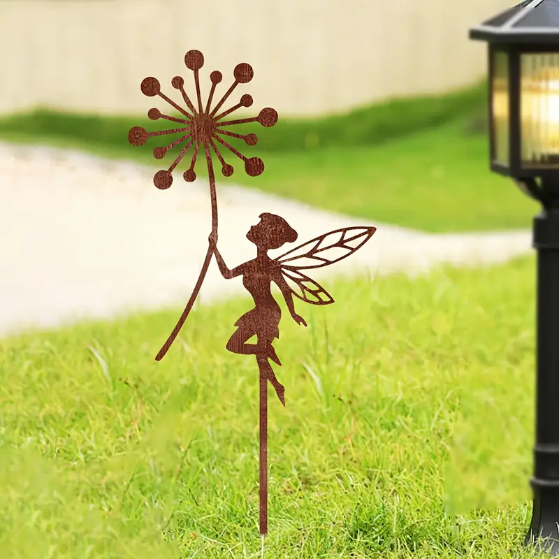 Rusty Patina Core-ten Metal Fairy with Flowerhead 30cm Tall Garden Decoration