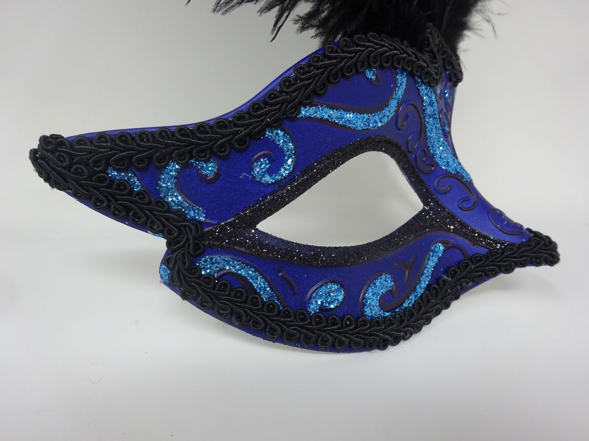 BLUE BLACK TURQUOISE VENETIAN MASQUERADE CARNIVAL BALL PARTY EYE FEATHER MASK