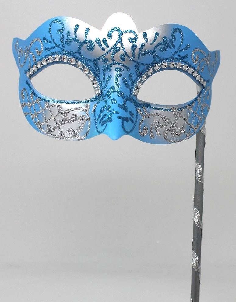 BLUE & SILVER VENETIAN MASQUERADE PARTY  MASK ON A HAND HELD STICK