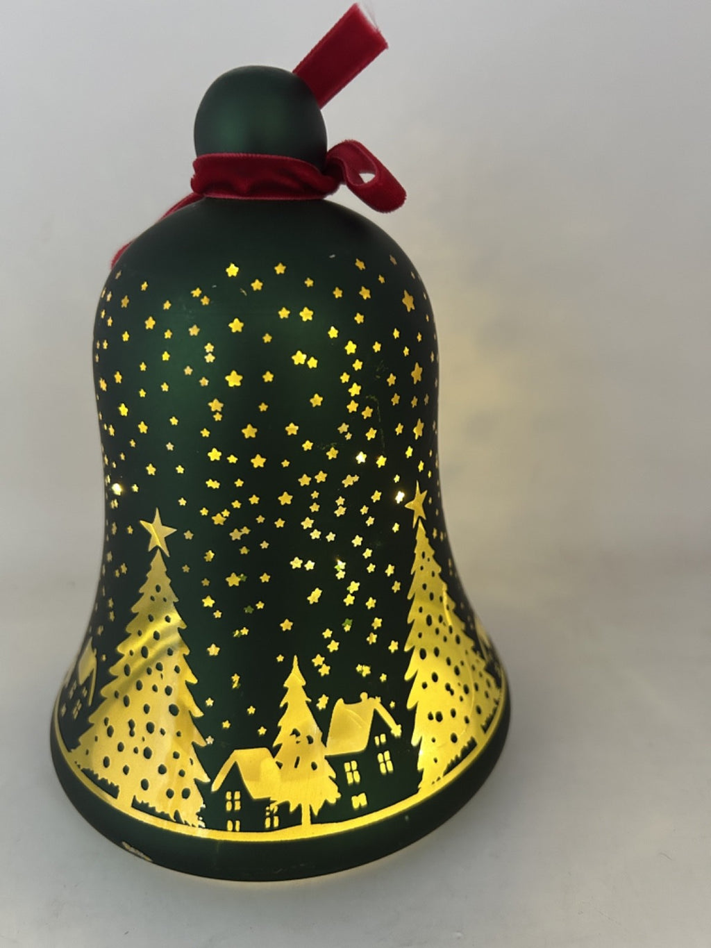 LED Light Up Christmas Winter Forest Stars & Village Emerald Green Glass Bell