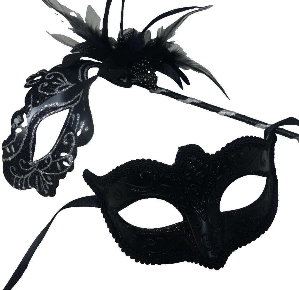 COUPLES SILVER & BLACK VENETIAN MASQUERADE PARTY CARNIVAL EYE BALL MASK ON STICK