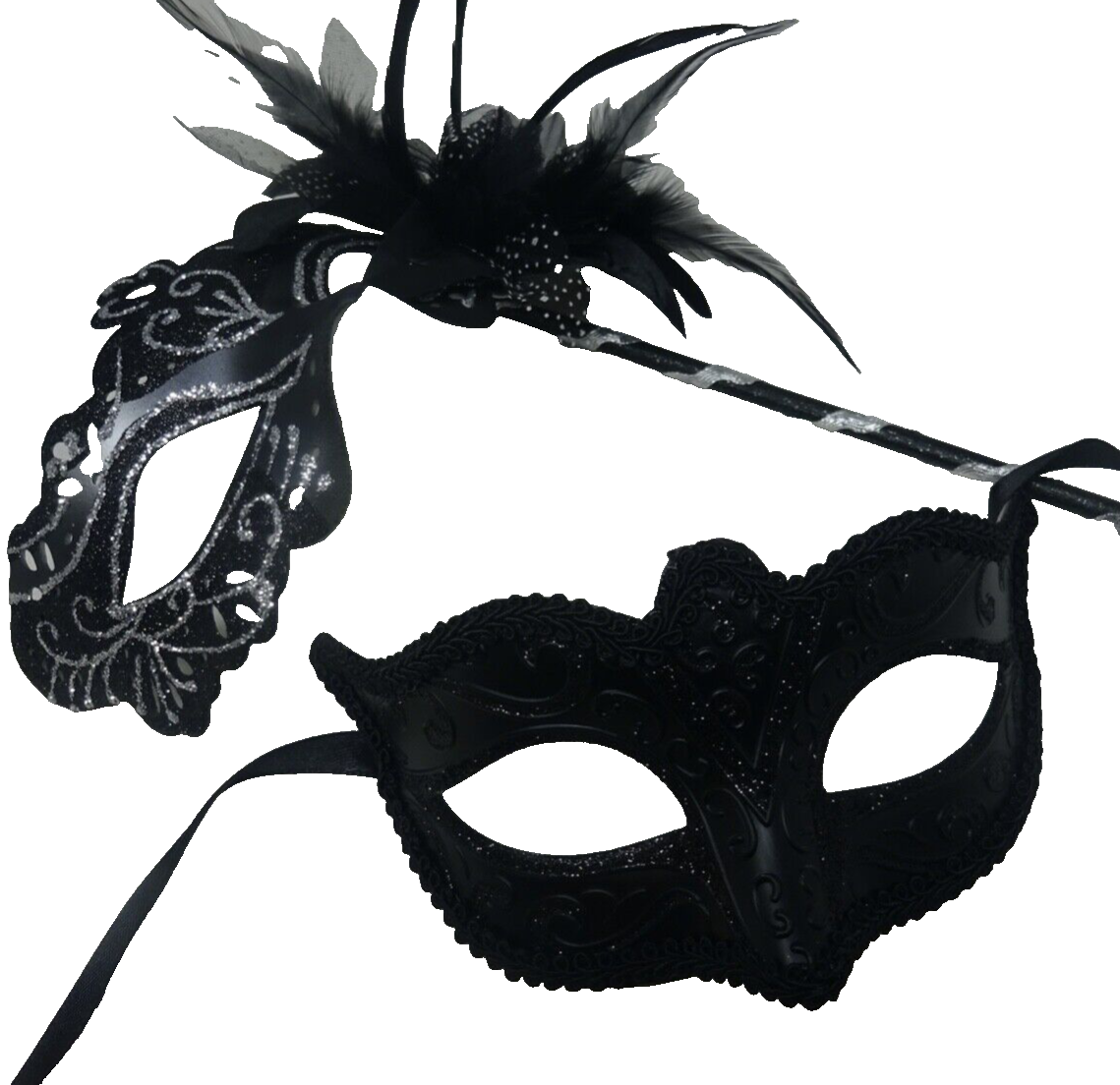 COUPLES SILVER & BLACK VENETIAN MASQUERADE PARTY CARNIVAL EYE BALL MASK ON STICK