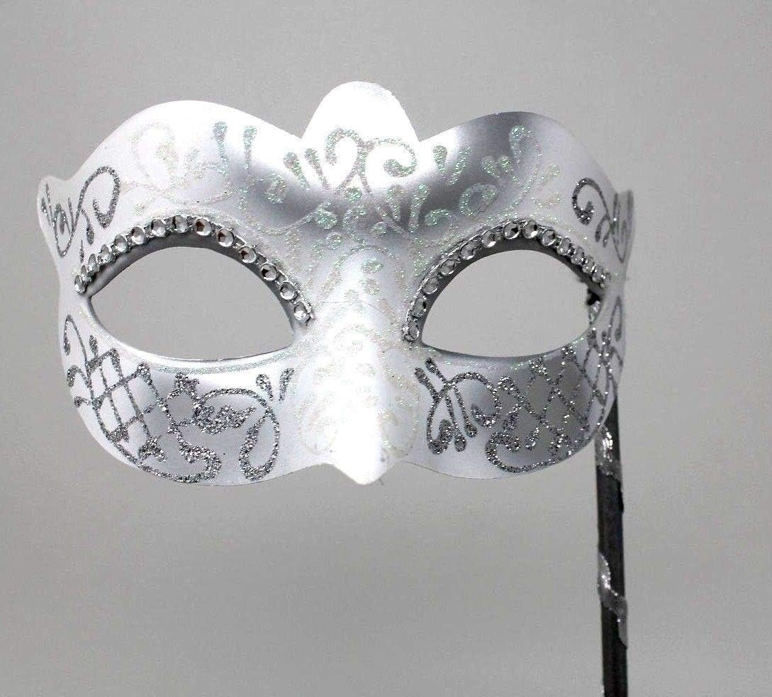 WHITE & SILVER VENETIAN MASQUERADE PARTY WEDDING BALL MASK DIAMONTES HAND HELD