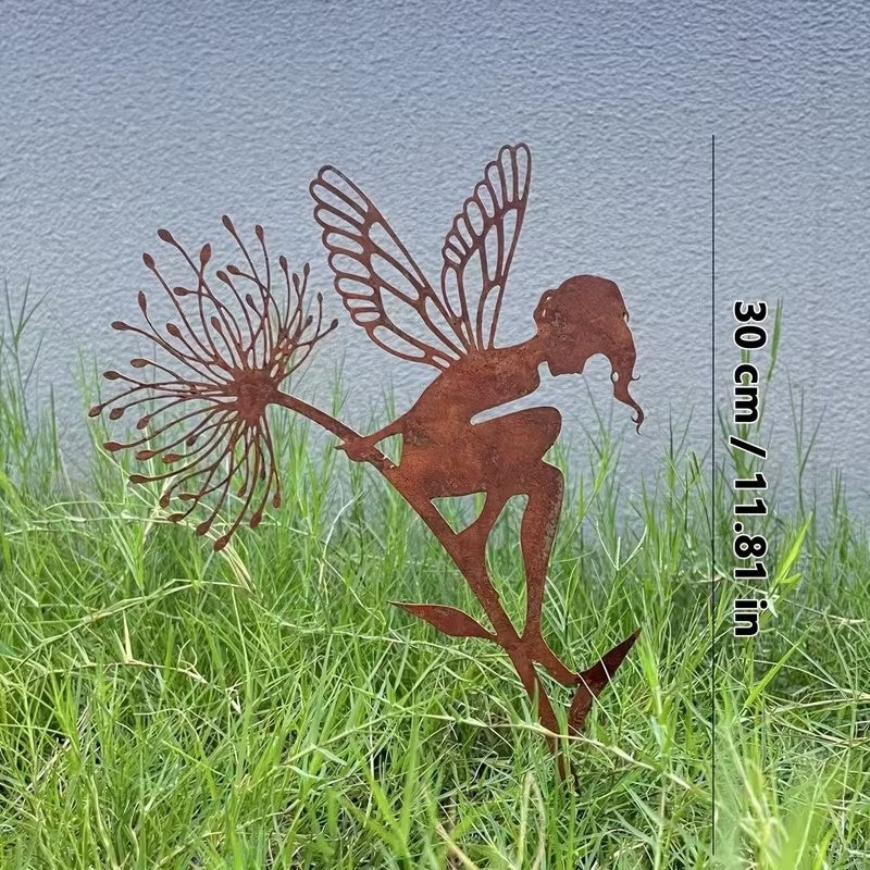 Rusty Patina Core-ten Metal Fairy with Flowerhead 30cm Long Garden Decoration