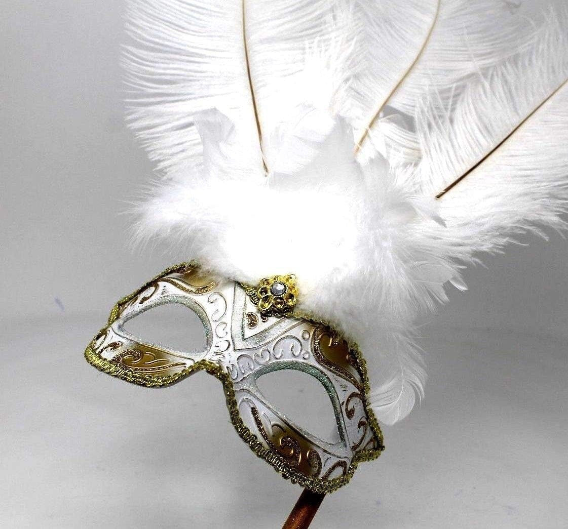 WHITE & GOLD VENETIAN MASQUERADE PARTY CARNIVAL BALL EYE FEATHER MASK HAND HELD