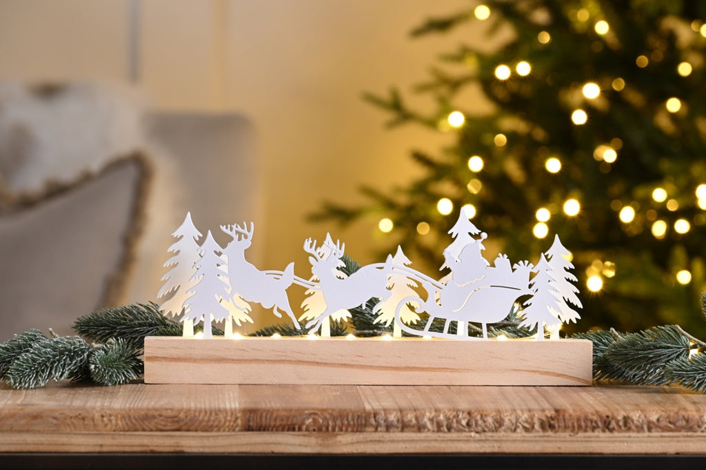 Wood & Metal LED Light Up Table Top Decoration Santa Sleigh Reindeer Forest 30cm