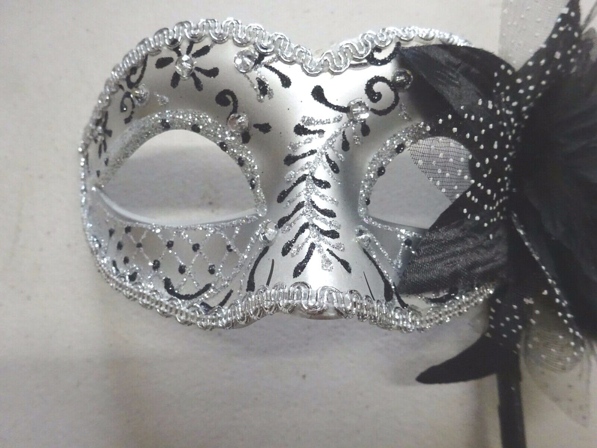 BLACK & SILVER WITH FLOWER & STICK VENETIAN CARNIVAL BALL MASQUERADE PARTY MASK