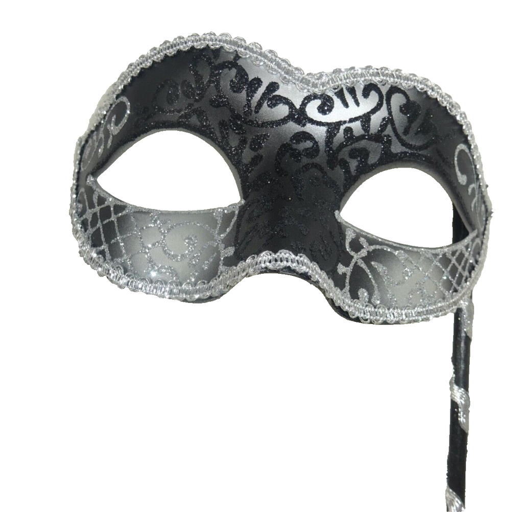 BLACK & SILVER VENETIAN MASQUERADE PARTY CARNIVAL BALL EYE MASK ON A STICK