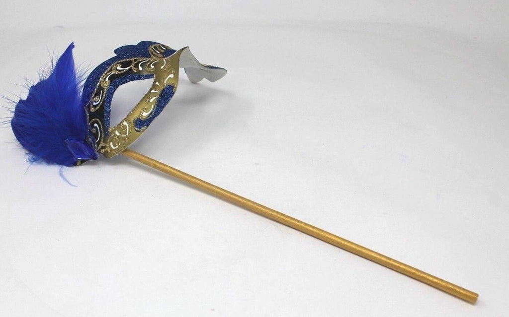BLUE & GOLD VENETIAN CARNIVAL MASQUERADE PARTY BALL FEATHER MASK HAND HELD STICK