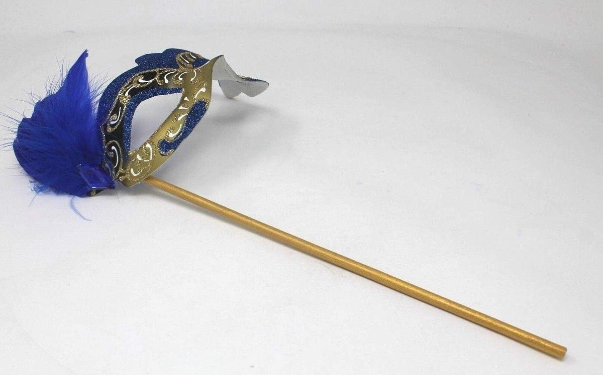 BLUE & GOLD VENETIAN CARNIVAL MASQUERADE PARTY BALL FEATHER MASK HAND HELD STICK