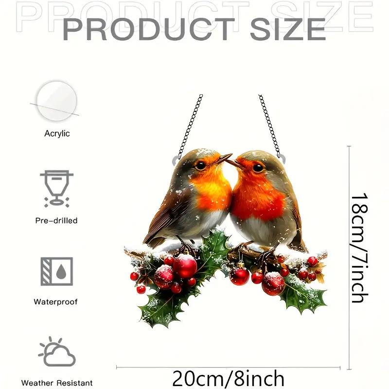 Festive Hanging Acrylic Garden Suncatcher Robins Snowy Holly with Berries 20cm