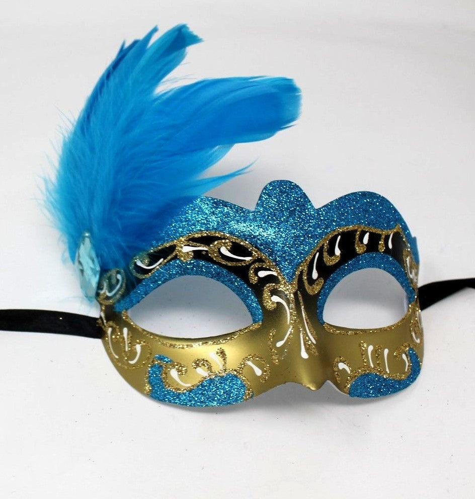 TURQUOISE BLUE & GOLD FEATHER  VENETIAN MASQUERADE BALL CARNIVAL PARTY EYE MASK