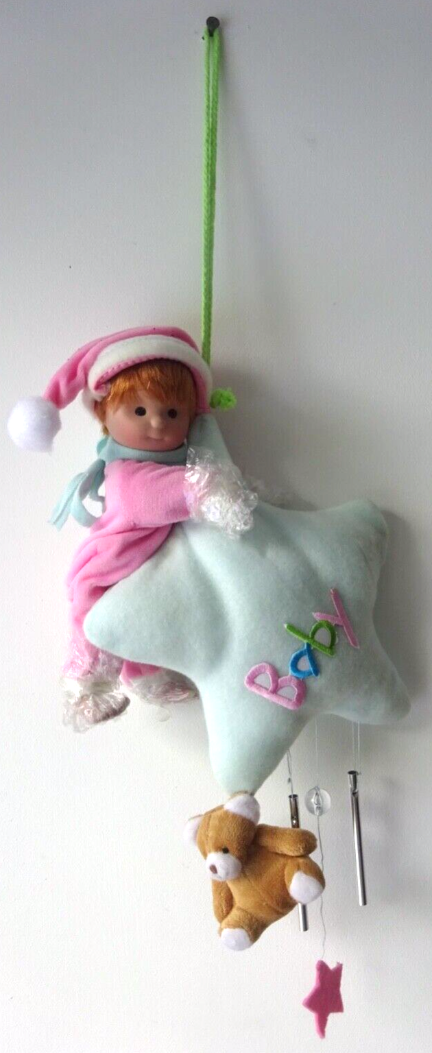 CHRISTENING NEW BORN GIFT BABY GIRL PORCELAIN DOLL HANGER STAR TEDDY & CHIMES