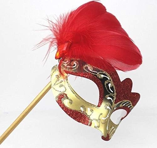 RED WHITE & GOLD FEATHER VENETIAN MASQUERADE PARTY BALL EYE MASK HAND HELD STICK