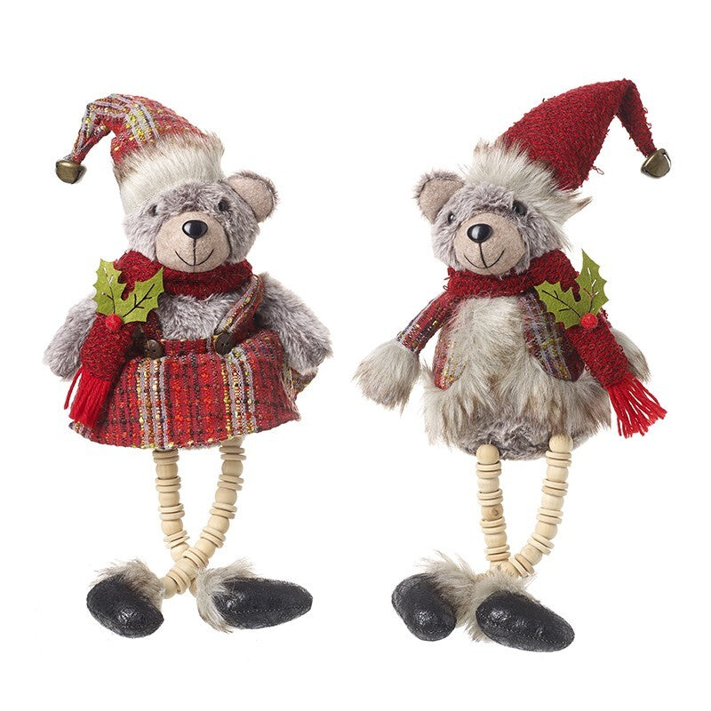 Choice 2 Designs Male or Female Furry Sitting Bears with Dangle Bead Legs & Bell