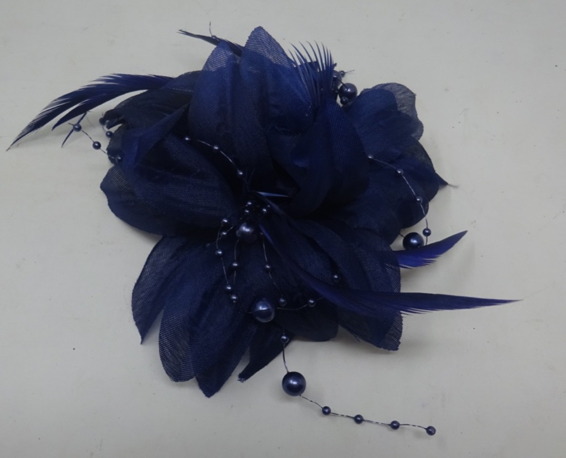 Navy Blue Corsage Brooch Fascinator Fabric Petals with Long Slim Fine Feathers