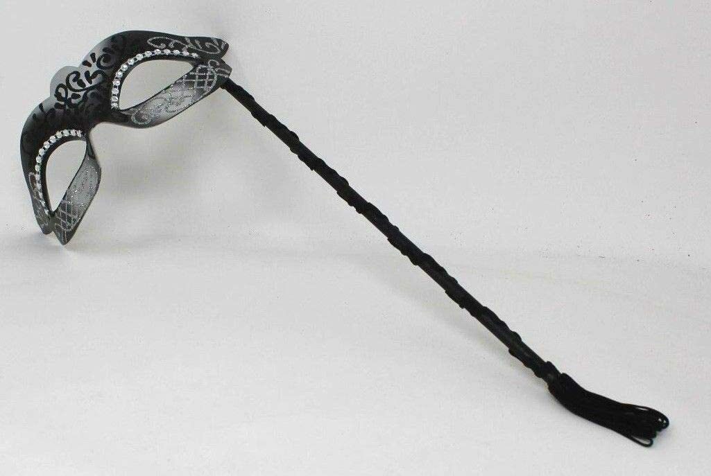 BLACK & SILVER VENETIAN MASQUERADE PARTY CARNIVAL BALL EYE MASK ON A STICK