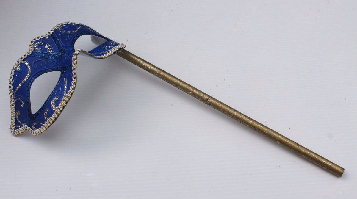 GLITTERING BLUE & GOLD VENETIAN MASQUERADE PARTY  MASK ON A  HAND STICK