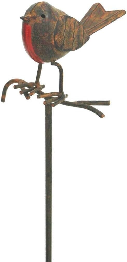 Core-Ten Rusty Metal Robin on a Twig on Long Stake Garden Ornament 1 metre High