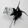 BLACK & SILVER WITH FLOWER & STICK VENETIAN CARNIVAL BALL MASQUERADE PARTY MASK