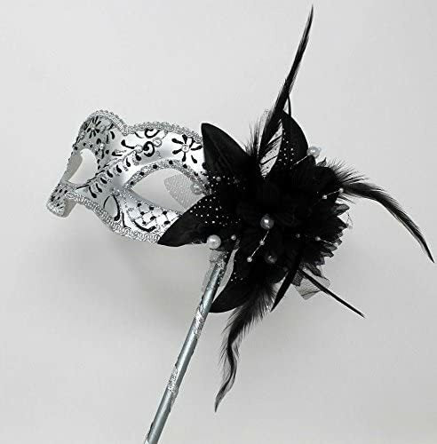 BLACK & SILVER WITH FLOWER & STICK VENETIAN CARNIVAL BALL MASQUERADE PARTY MASK