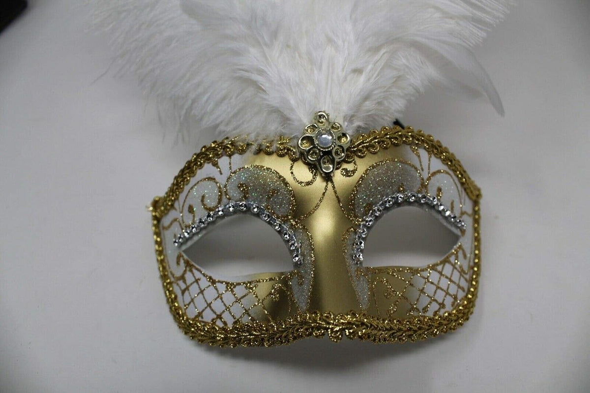 LADIES WHITE & GOLD VENETIAN MASQUERADE PARTY CARNIVAL BALL EYE FEATHER MASK