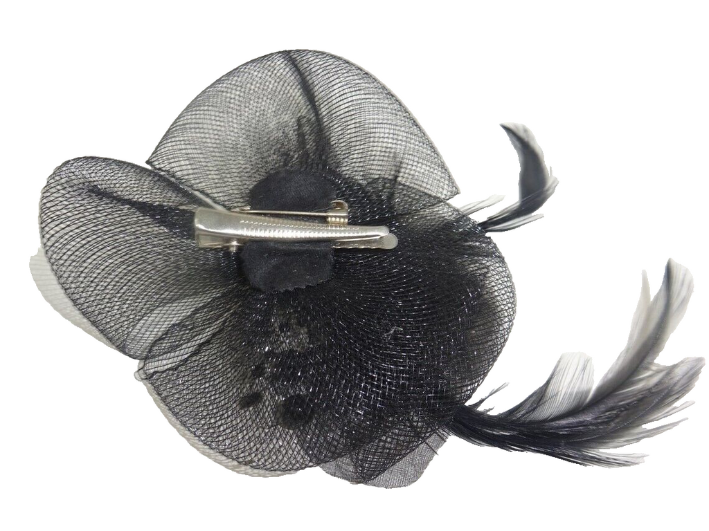 Hair Fascinator Corsage &Brooch Black Slim Feathers Net Petals Centre Diamonte
