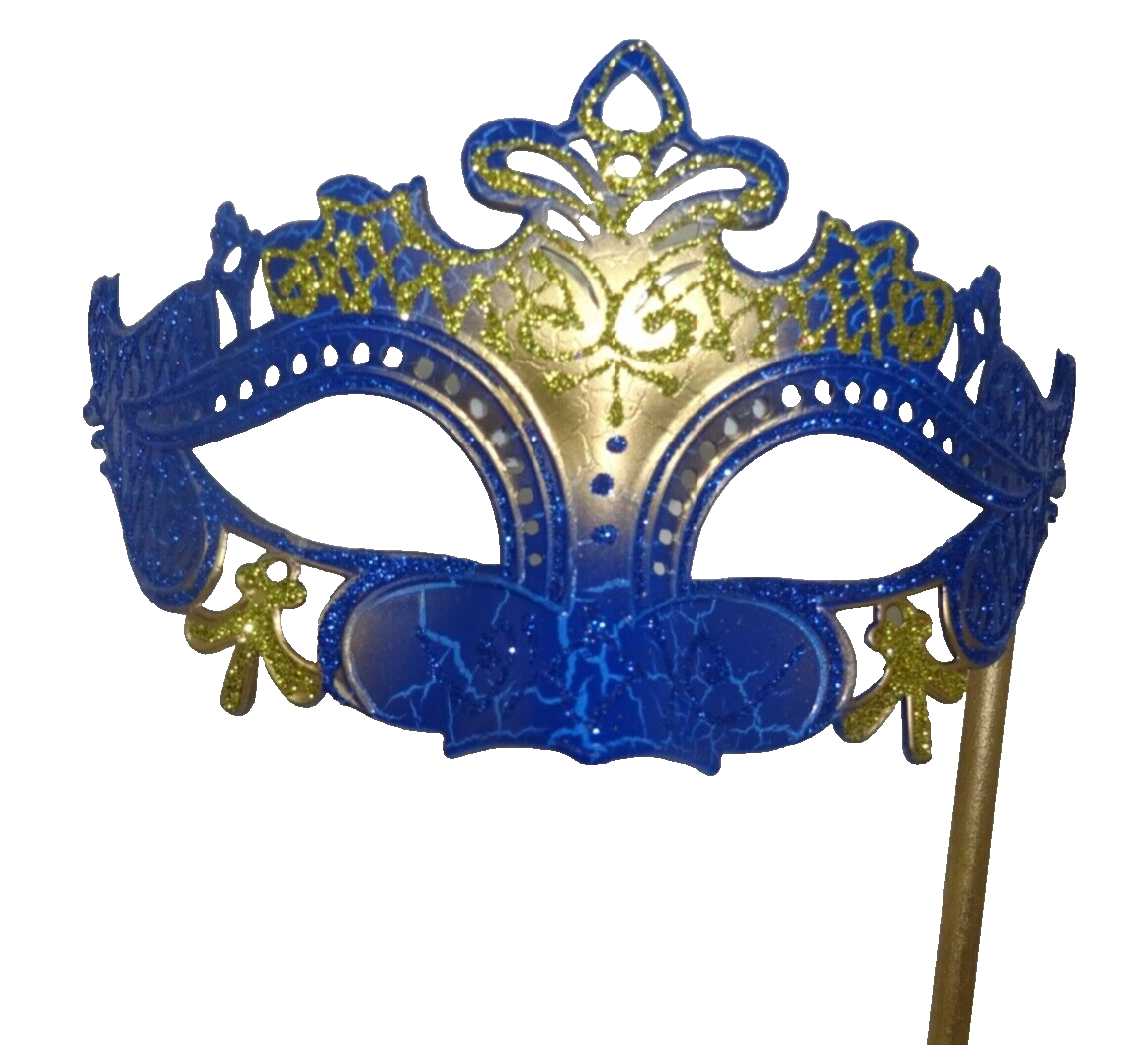 GOLD & BLUE VENETIAN MASQUERADE PARTY CARNIVAL BALL MASK ON A HAND HELD STICK
