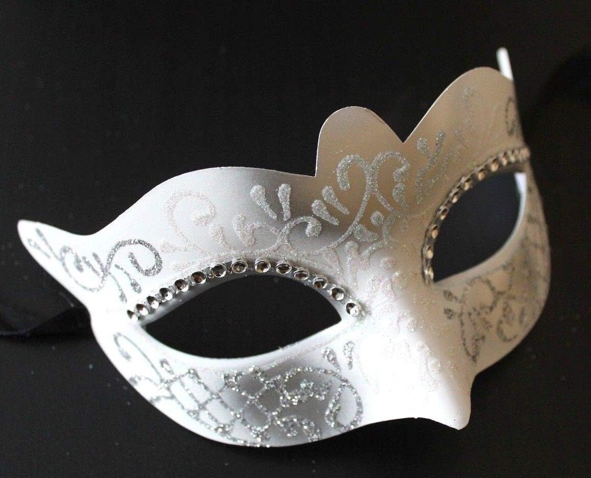 LADIES WHITE & SILVER VENETIAN MASQUERADE PARTY WEDDING BALL EYE MASK DIAMONTES