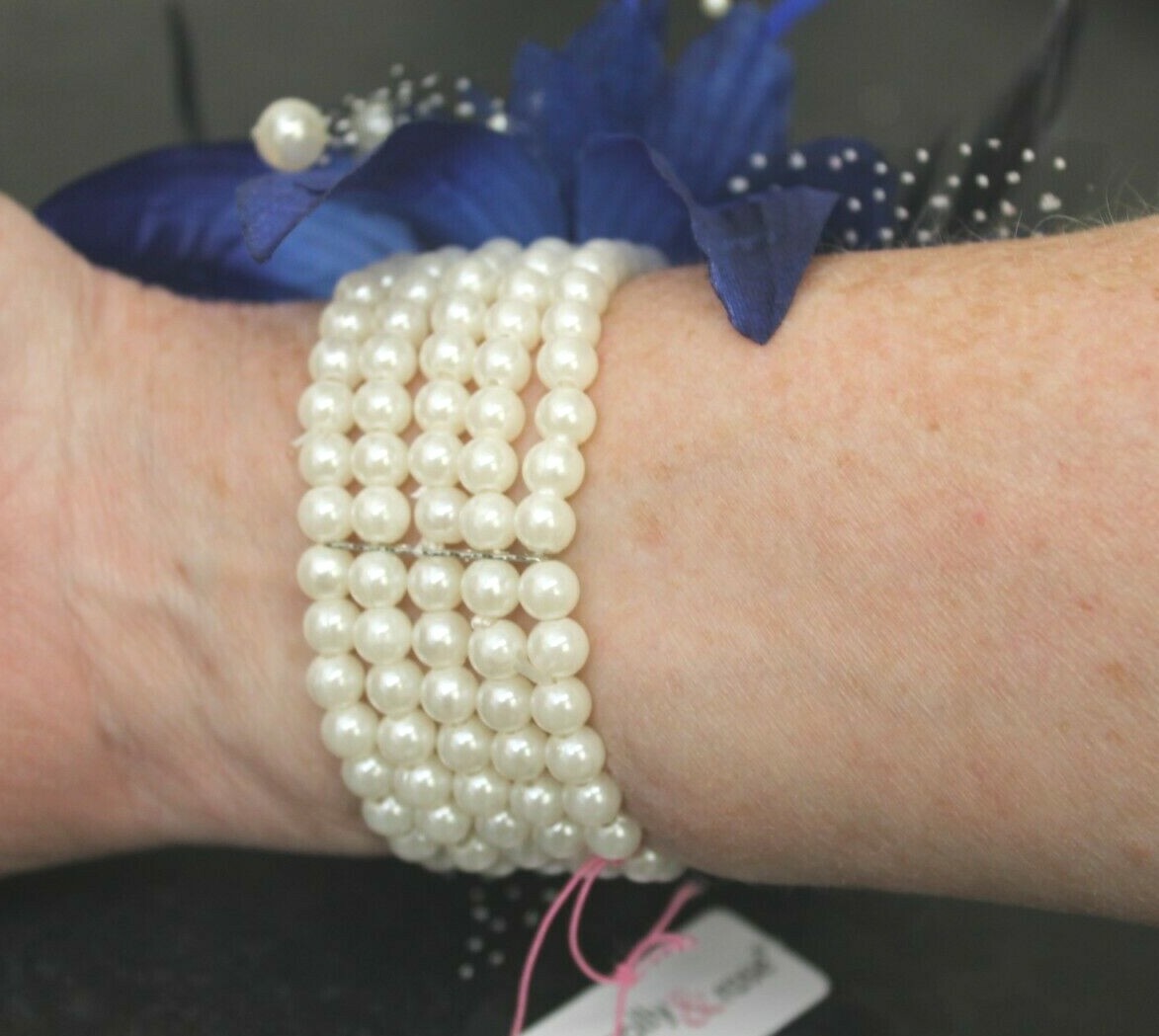 Royal Blue Wrist Corsage Fascinator Fabric & Feather Pearlised Wrist Bracelet