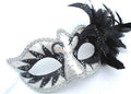 BLACK SILVER WHITE VENETIAN MASQUERADE CARNIVAL BALL SWAN EYE MASK WITH FLOWER