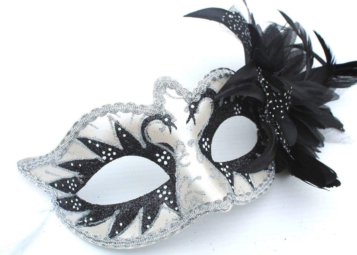 BLACK SILVER WHITE VENETIAN MASQUERADE CARNIVAL BALL SWAN EYE MASK WITH FLOWER