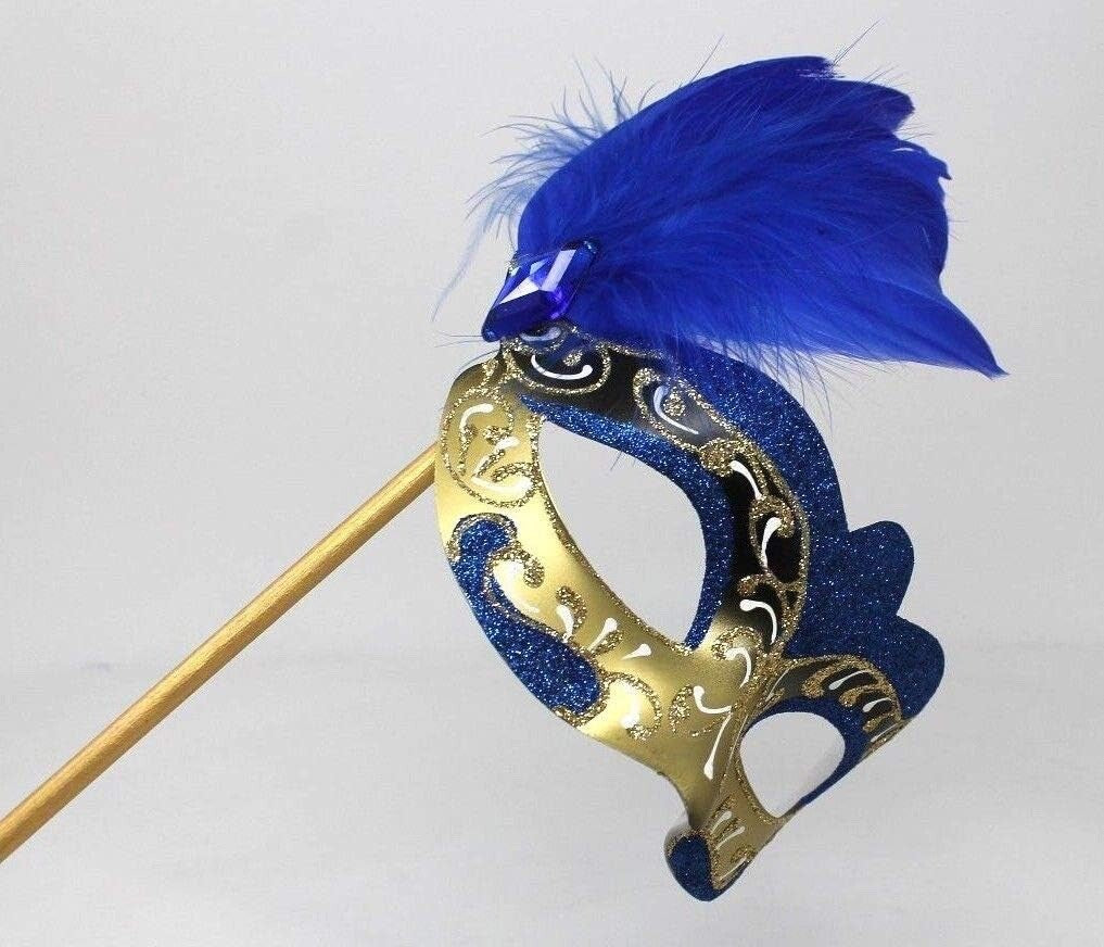 BLUE & GOLD VENETIAN CARNIVAL MASQUERADE PARTY BALL FEATHER MASK HAND HELD STICK