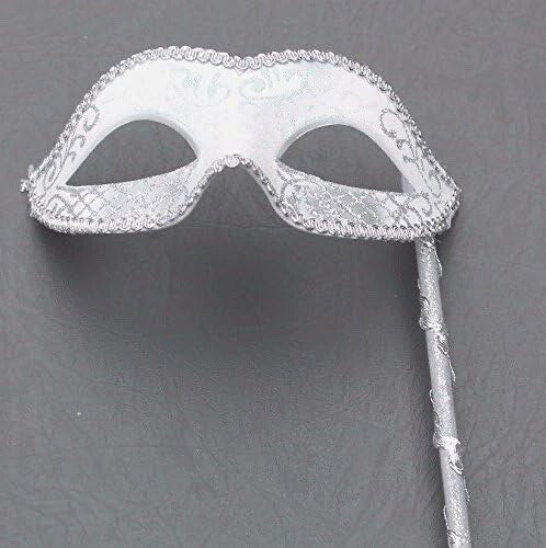 VENETIAN MASQUERADE BALL PARTY EYE MASK WITH A HAND HELD STICK SILVER & WHITE