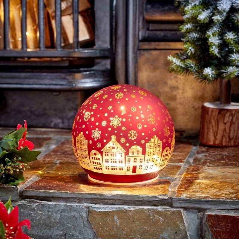LED Light Up Christmas Village & Snowflakes Festive Decoration Ruby Red Glass