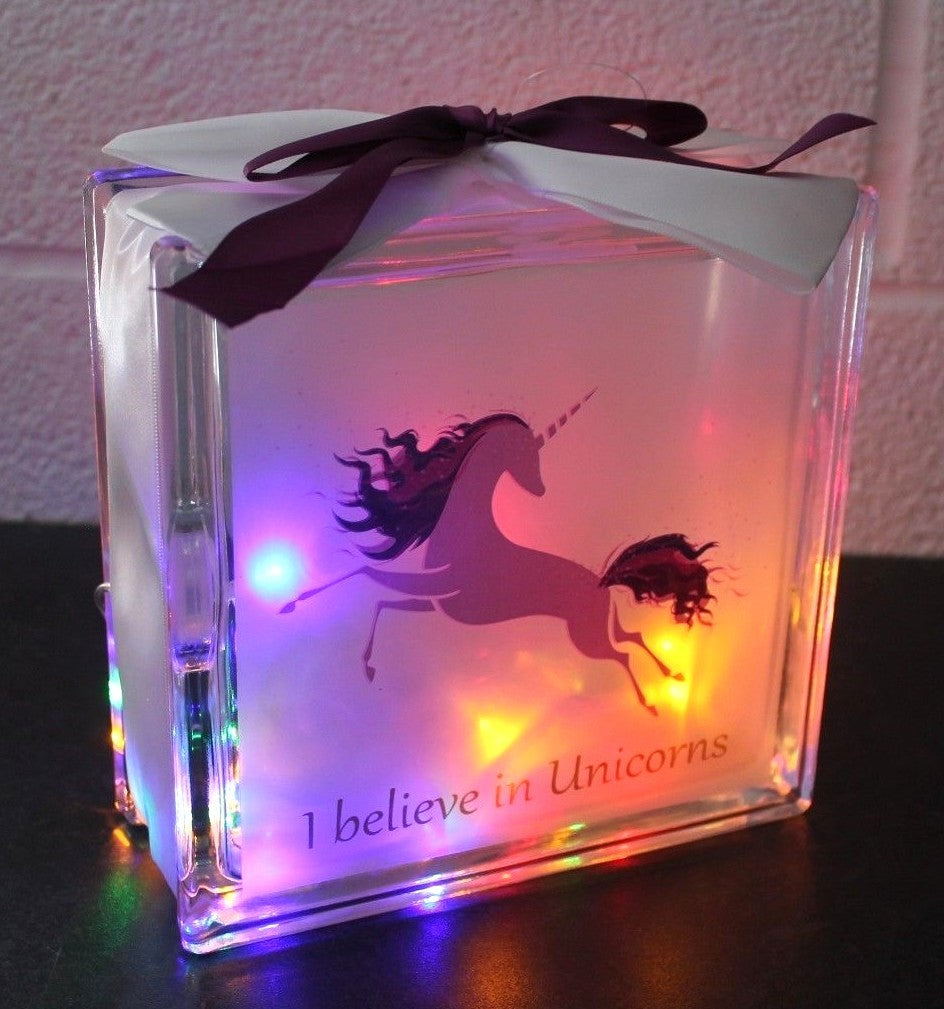 Heavy LED Unicorn Glass Light Up Block Lamp Night Light - I Believe In Unicorns
