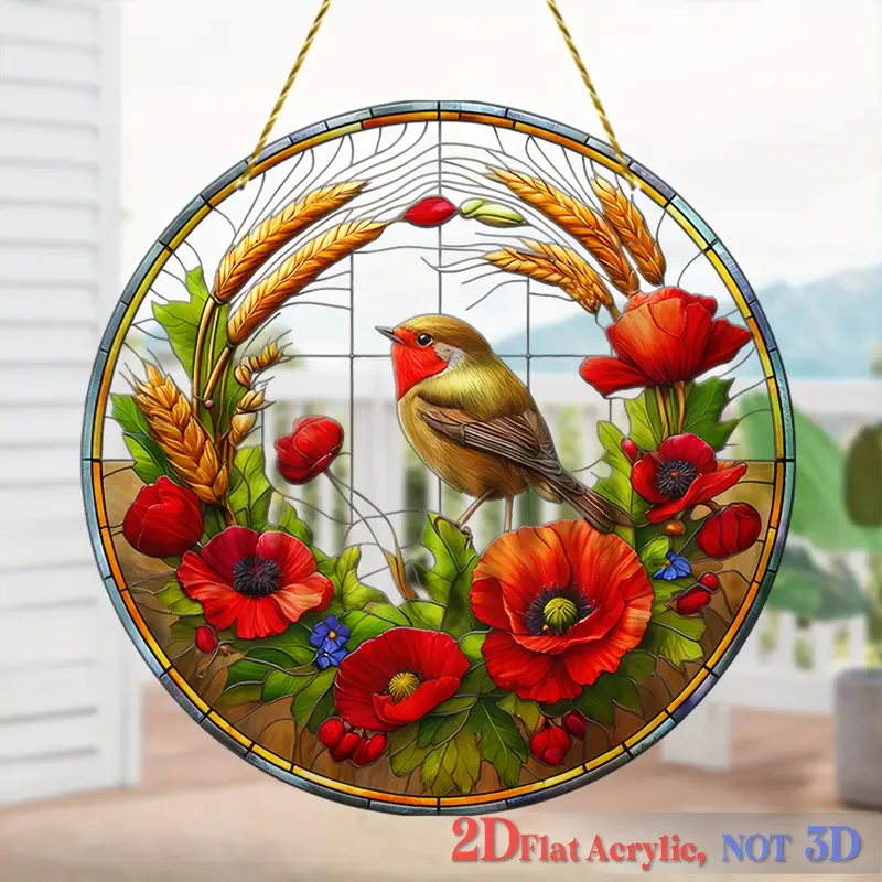 Acrylic Hanging Garden Suncatcher Robin & Flowers 20cm Diameter on Yellow Cord