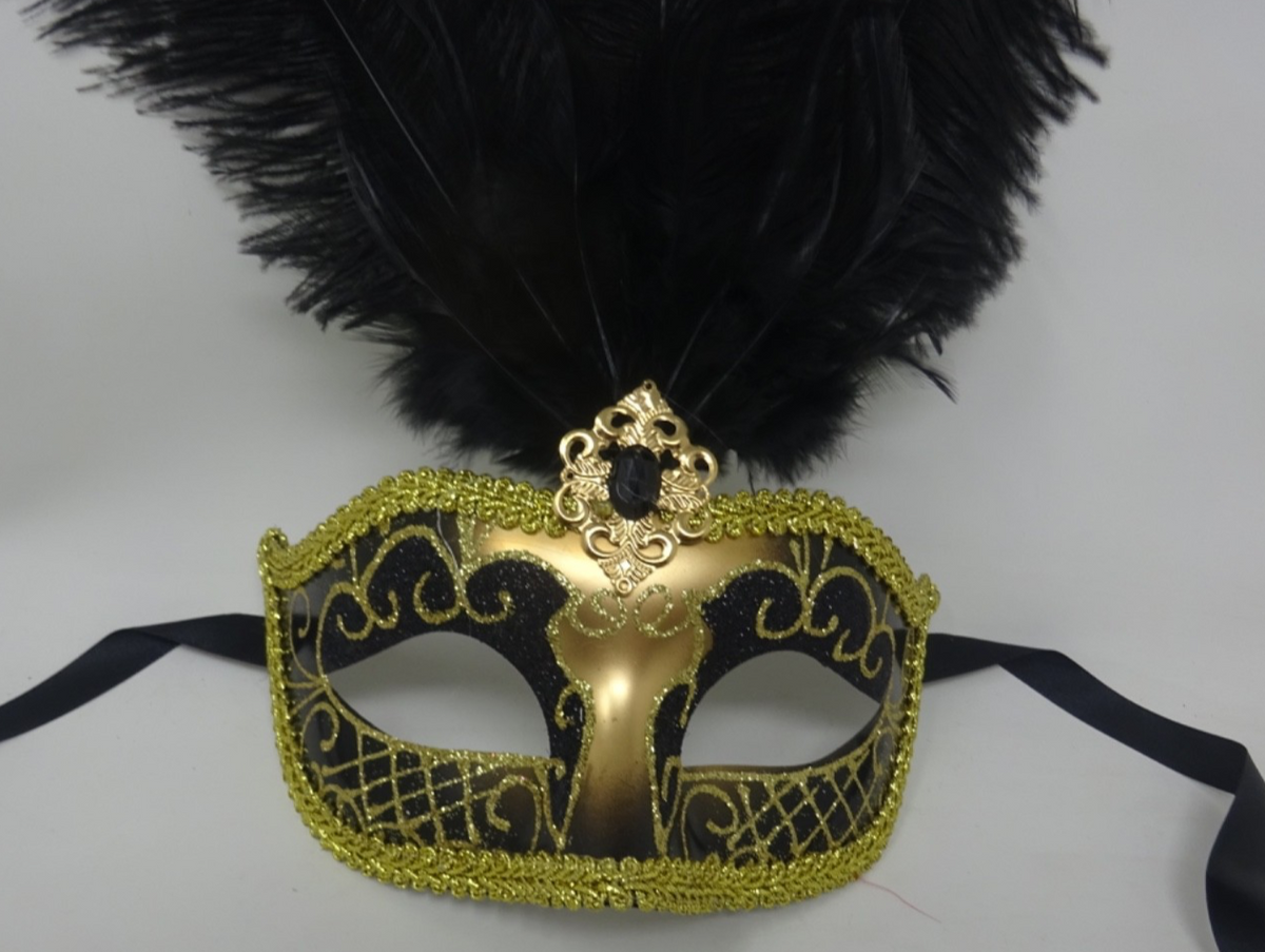 Black & Gold Long Feather Venetian Masquerade Carnival Party Ball Prom Eye Mask