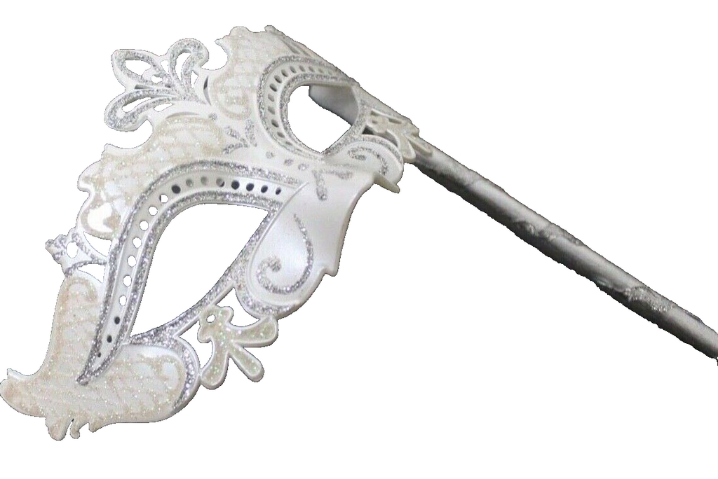 SILVER WHITE RIALTO VENETIAN CARNIVAL MASQUERADE PARTY EYE BALL MASK ON A STICK