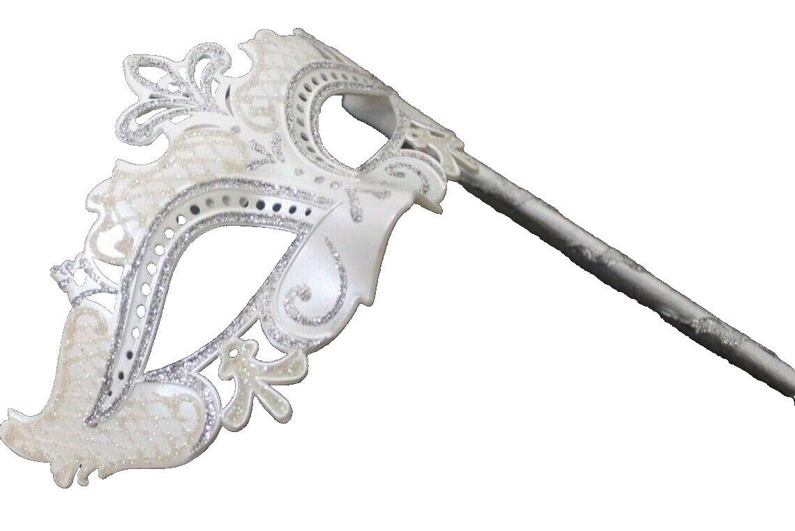 SILVER WHITE RIALTO VENETIAN CARNIVAL MASQUERADE PARTY EYE BALL MASK ON A STICK