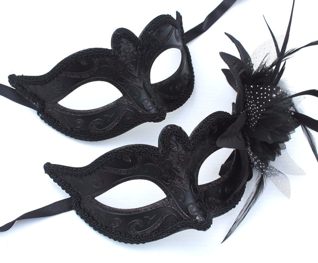 HIS N HERS PAIR COUPLES CO-ORDINATED BLACK VENETIAN MASQUERADE PARTY EYE MASKS