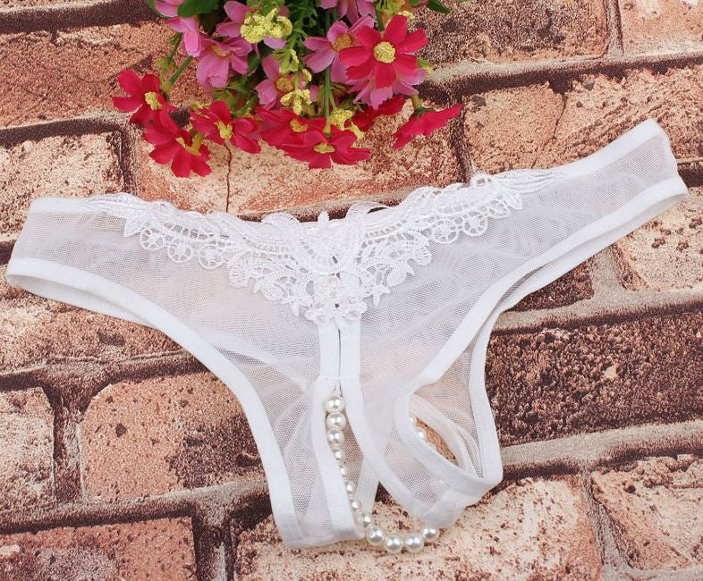 Choice 6 Colour Ladies Panties Briefs Thong Crotchless Sheer Fabric Pearls 8-12