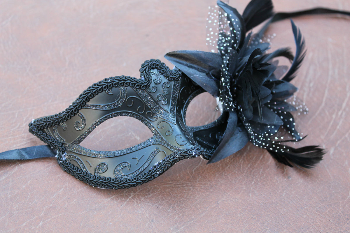 LADIES MIDNIGHT BLACK WITH FLOWER STUNNING VENETIAN MASQUERADE PARTY EYE MASK
