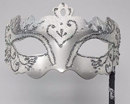 WHITE & SILVER RIALTO VENETIAN MASQUERADE PARTY CARNIVAL BALL ON HAND HELD STICK