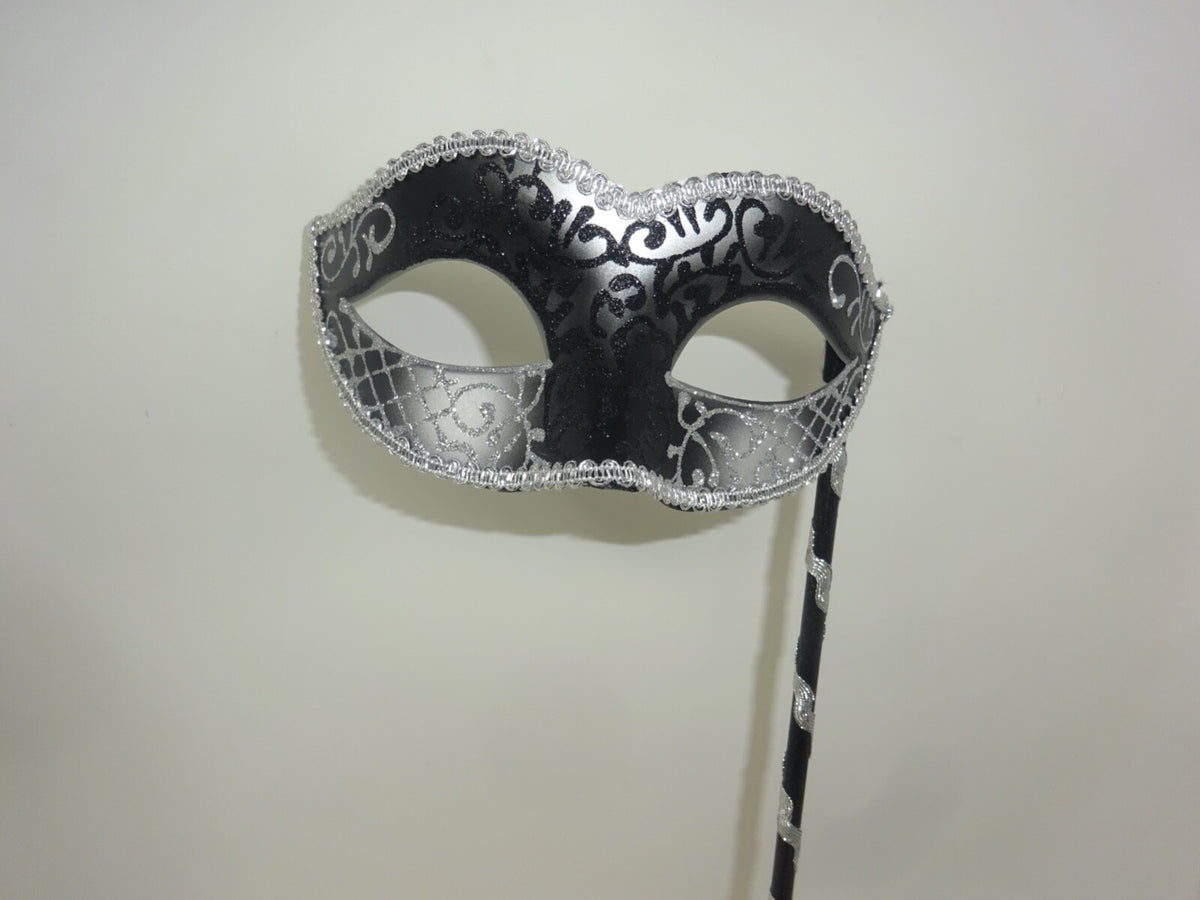 BLACK & SILVER VENETIAN MASQUERADE PARTY CARNIVAL BALL EYE MASK ON A STICK