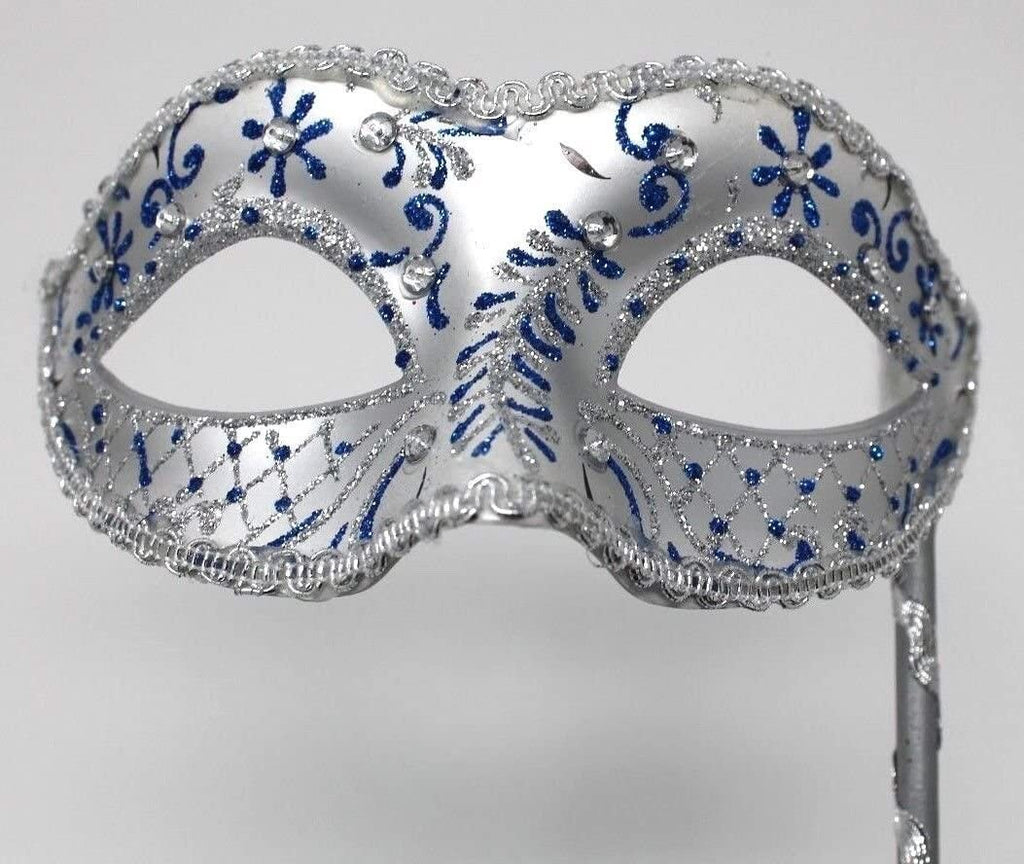 BLUE & SILVER JEWELLED VENETIAN MASQUERADE CARNIVAL BALL PARTY MASK ON A STICK