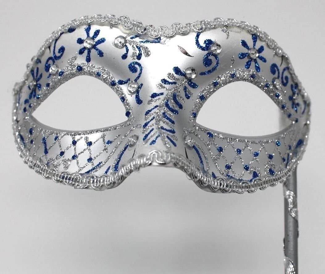 BLUE & SILVER JEWELLED VENETIAN MASQUERADE CARNIVAL BALL PARTY MASK ON A STICK