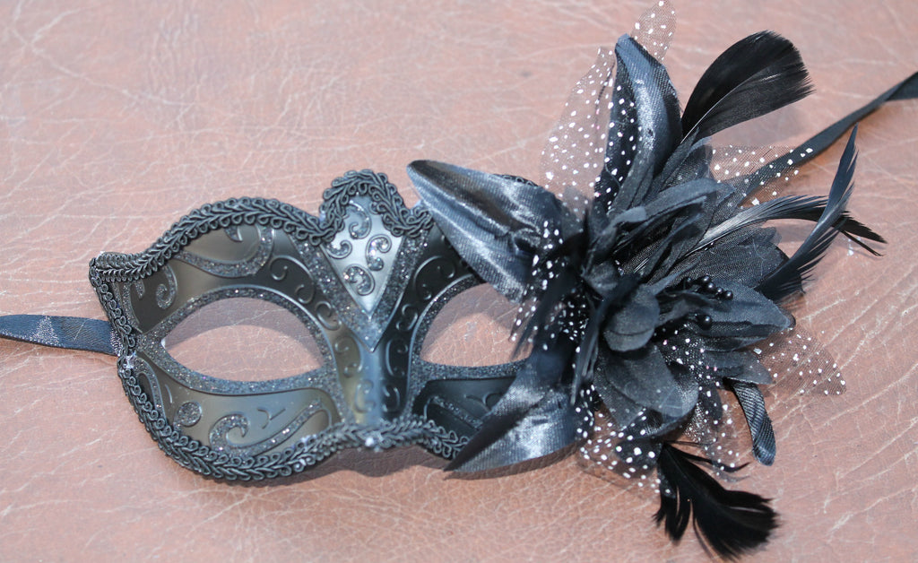 LADIES MIDNIGHT BLACK WITH FLOWER STUNNING VENETIAN MASQUERADE PARTY EYE MASK